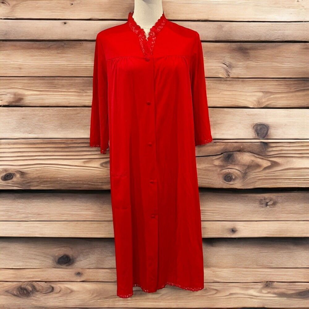 VINTAGE‎ SHADOWLINE LINGERIE Waltz Length robe  BUTTON FRONT Lace Size Small Red